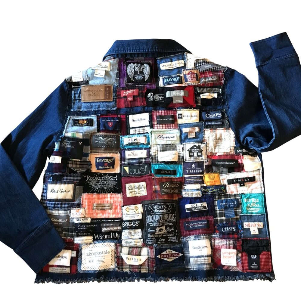 Upcycled Labels Jean Jacket Cropped Shirt Coat, Sewn-On Clothing Labels Sz S - M - Picture 5 of 16